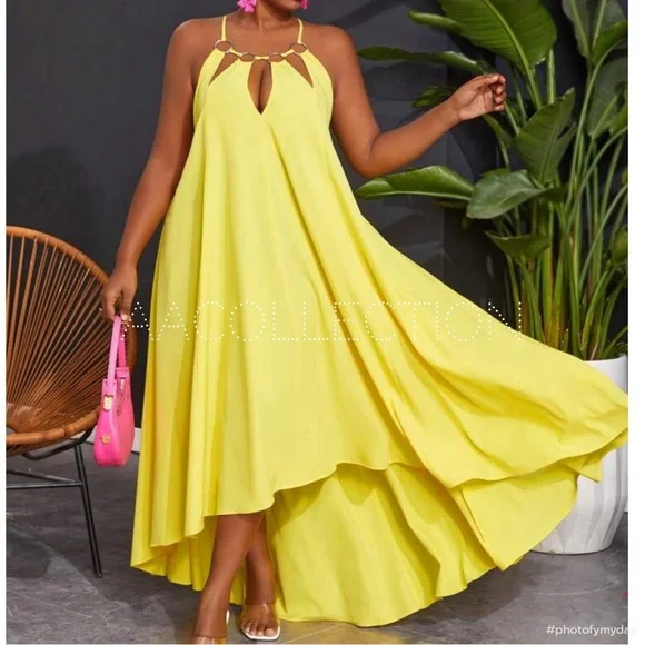 Boho Plus Size Backless Open Neck Halter Neck Cut Out A Line Maxi Dress Yellow - Picture 3 of 4